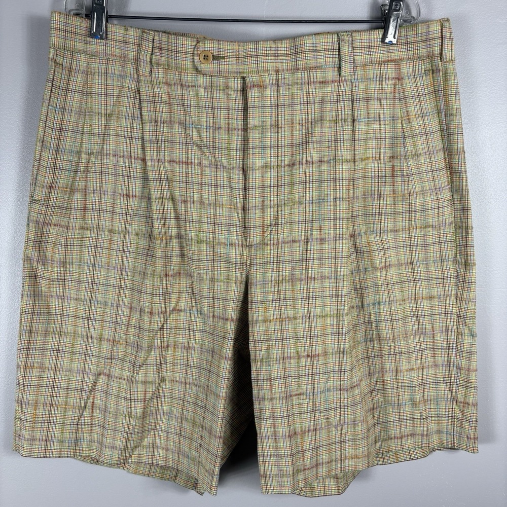 Barry Bricken Mens 38 Multicolor Plaid Linen Blend Pleated Casual Bermuda Shorts